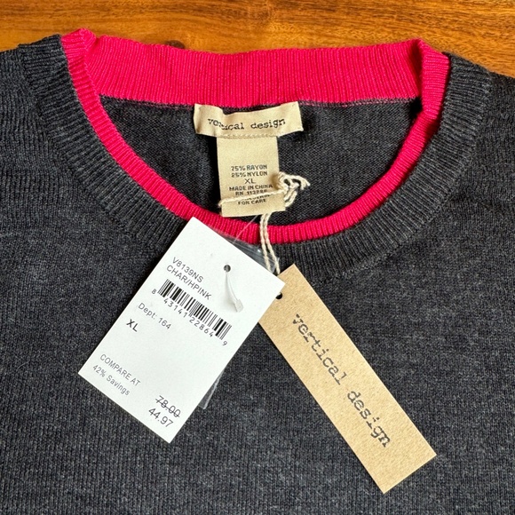 Vertical Design Women's Charcoal Gray & Hot Pink Side Striped Sweater NWT XL - Picture 3 of 7